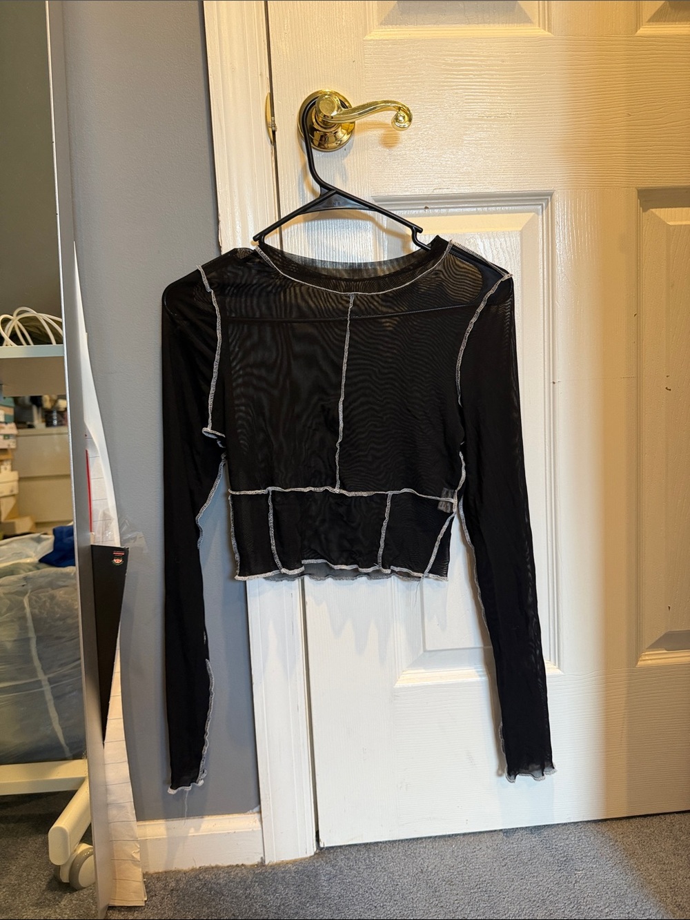 Black Long-Sleeve Mesh Crop Top with Contrast Seams